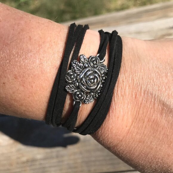 Tie Wrap Floral Rose Silver Bracelet Cuff Yoga Boho Biker - Picture 7 of 11